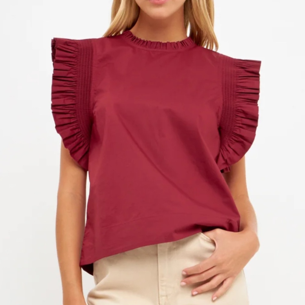 ENGLISH FACTORY BURGUNDY RUFFLE SLEEVE POPLIN TOP